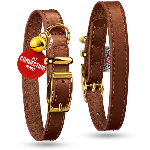 WAUDOG Leather Cat Collar with Removable Bell and QR ID Tag for Small, Medium and Large Breeds Adjustable Long Lasting Classic Kitten Collars Boy & Girl - color: Brown, size: 6" - 8"
