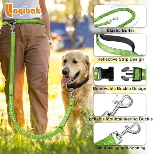 Laqibak Hands Free Dog Leash, Adjustable Waist Leash for Dog Walking, Dual Bungee Dog 4.2-6.7 Feet Long with Reflective Stitches for Walking Hiking Running, Fits 26"- 43" Inch Waist, Green - color: Green