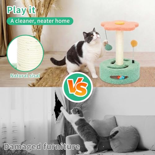 Small Cat Scratching Post 13.98" Cat Tree for Indoor Cats — Sisal Scratcher with Hanging Ball & Track Toy — Keeps Cats Happy, Helps Protect Your Furniture — Easy to Assemble
