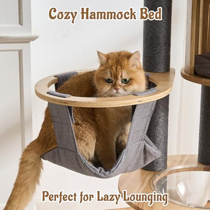 Modern Cat Tree Tower with Scratching Post, 61.5in Tall Cat Tree for Indoor Cats, Multi-Level Solid Wood Cat Furniture with Cozy Cat Beds, Cat Condo, Hammock, Capsule Nest, Turntable Toy, Gray - color: 61.5"-V-Gray