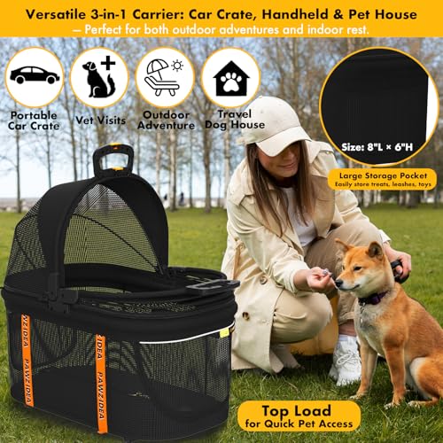 PAWZIDEA Portable Small Dog Crate for Car Travel up to 33lb, Enclosed Dog Car Seat Soft-Sided, Escape-Proof Reversible No-Zip Canopy, Foldable Pet Carrier Seatbelt for Small Medium Puppy & Cats Kennel - color: Full View Mesh, Small/Medium