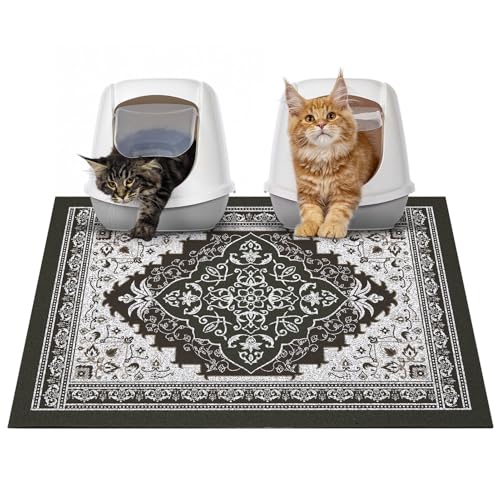 Glittme Cat Litter Mat with Non-Slip Bottom Litter Box Mat 33"X22" Litter Trapping Mat Easy to Clean Washable Cat Food Mat for Kitty,L - color: Black, size: 33"x22"