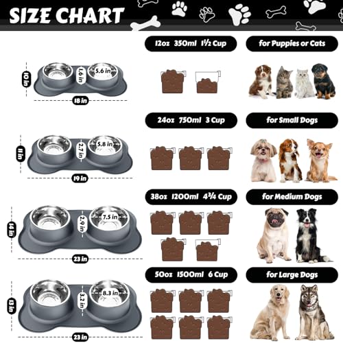 Dog Food Bowls Stainless Steel Dog Food and Water Bowl Set, Dog Dishes No Spill Non Slip Silicone Mat, Dog Bowls for Small Medium Size Dogs Cat Puppy Pet Food Feeding Bowls, Grey, 12oz - color: Grey, size: 1½ Cup/12 oz each