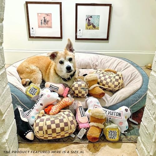 Haute Diggity Dog Chewy Vuiton Handbag Plush Squeaky Dog Toy, Soft Durable Designer-Inspired Stuffed Puppy Chew Toys for Small, Medium & Large Dogs, Machine-Washable (Tan Checker) XL - color: Brown Handbag, size: X-Large
