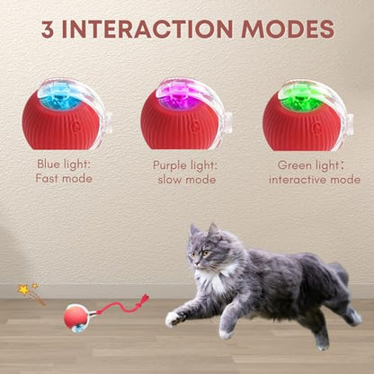 Interactive Cat Toys for Indoor Cats, 360° Automatic Moving Cat Ball, Rechargeable Rolling Ball, Toys for Indoor Interactive Kitten and Dog, Red