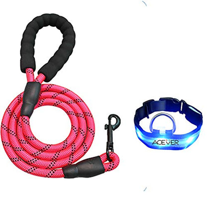 5 FT Reflective Dog Leash with Comfortable Padded Handle and Rotative Strong Metal Clasp and Flash Collar-Pink - color: Pink
