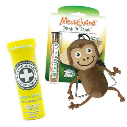 Meowijuana Jump 'n' Jamb Door Hanging Cat Toy Bundle | Funky Monkey + Happy Grass Blend | Refillable Interactive Catnip Toy | Promotes Play and Cat Health | Potent Catnip Grown in North America - color: Funky Monkey Bundle