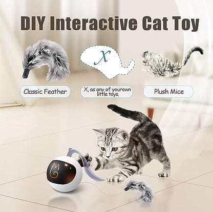 Migipaws Interactive Cat Ball Toy Set, Fun Tracker, Automatic Rolling Chase Ball with Fluffy Tail, A Small Mice, Rechargeable (White) - color: White