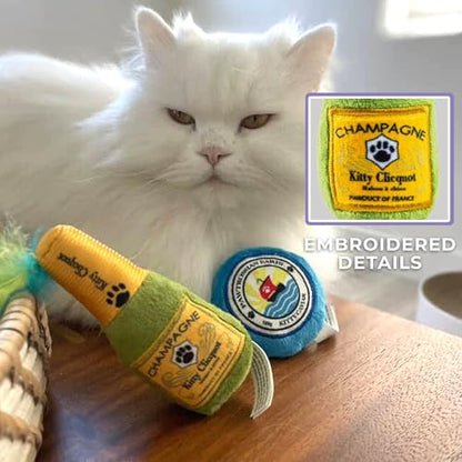 Haute Diggity Kitty Clicquot Champagne & Caviar Set, Plush Cat Toys Catnip Filled with Interactive Crackle Sound, Safe, Durable Toys for Cat & Kitten, 2 Pcs - style: Kitty Clicquot Bottle + Caviar