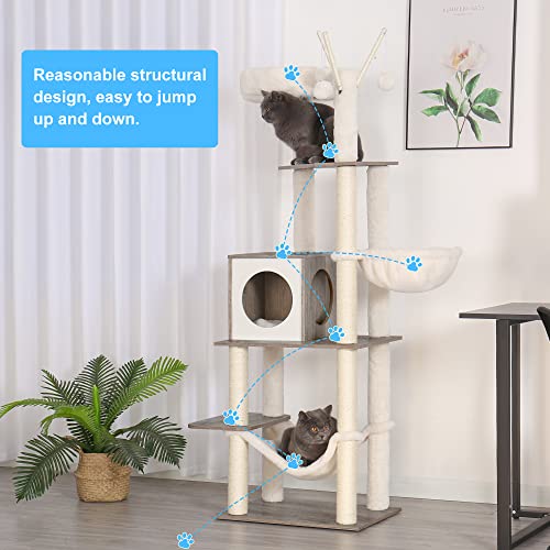 Hey-brother Wooden Cat Tree, 66.1“ Cat Furniture with Scratching Posts, Modern Cat Tower with hammocks, Toys, cat condo, Rustic Gray MPJ120SG - color: Rustic Gray