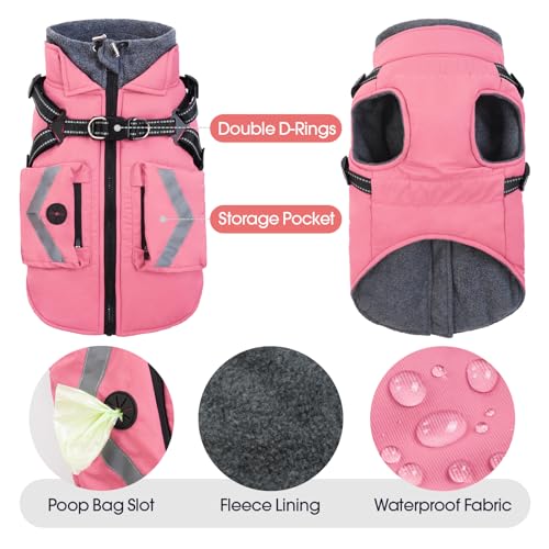 FUAMEY Dog Winter Coat Waterproof, Warm Fleece Lined Jacket for Dogs, Extra Large Goggie Vest with Harness Built in, Pet Cold Weather Coats Doggy Outfits Back Zipper, Weimaraner (Pink, 2XL) - color: Soft Pink, size: XX-Large