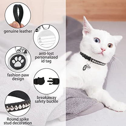 Leather Personalized Breakaway Cat Collar with Studded Bell and Safety Quick Release Buckle - Rivets Studded ID DIY Collars for Boy Girl Cats Kittens, 9" - 11.5" Black - color: Black, size: 9"-11.5"