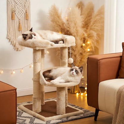 Multi-Level Cat Tower with Scratching Posts, Cat Tree with Double Cat Bed & Hanging Toys, Cute Climbing Tower with Sisal Scratcher for Kittens & Adult Cats, Cream White - color: Cream White