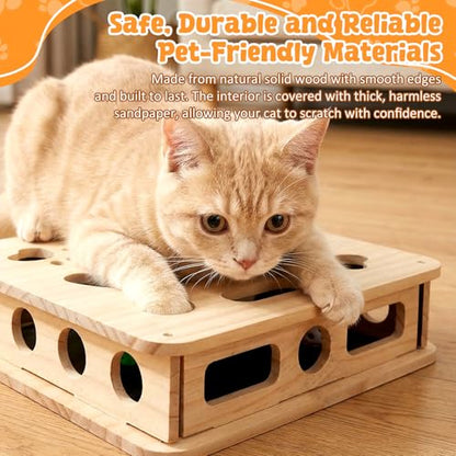 2026 Upgrade Cat Nail File Box, No Assembly Required, Solid Wood Cat Nail File Enrichment Box with 3 Bell Balls, 1 Teaser Wand & Replacement Sandpaper, Stress-Free Alternative to Clippers & Grinders