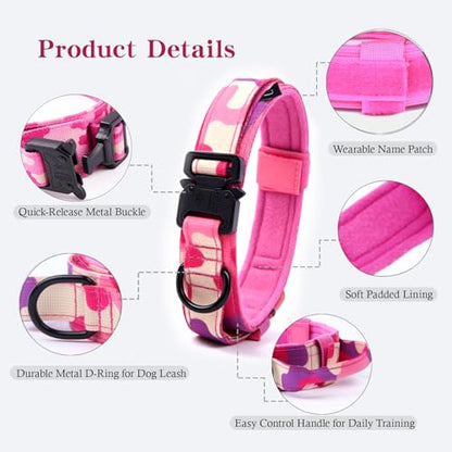 Tactical Dog Collar and Leash Set Adjustable Military Nylon Dog Collar with Control Handle and Heavy Duty Metal Buckle for Large Dogs（Pink Camo S - color: Pink Camo SET(collar+leash), size: Small (Pack of 1)