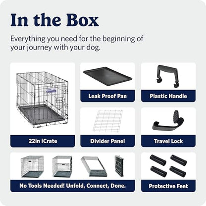 MidWest Homes for Pets 22-Inch iCrate for Extra-Small Breeds, Up to 15 lbs, Single Door Folding Dog Crate with Divider Panel, Leak-Proof Tray & Secure Latch, Portable, Durable & Easy to Assemble - size: 23.0"L x 14.0"W x 16.2"H