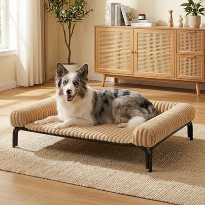 Elevated Dog Bed with Removable Fluffy Pillow Cushion, Raised Pet Cot Washable Bolster, Dog Couch Sofa, Anti Slip Feet, Breathable Mesh, Khaki, 43"×32" - color: khaki, size: L(43"×32"×8")