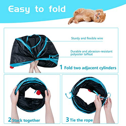 Sheldamy Cat Tunnel, 2-Way Collapsible Play Tunnel, Interactive Toy Maze for Small Animals, Suitable for Kittens, Puppies, Rabbits, Ferrets, Blue & Black - color: 2 Way Blue & Black