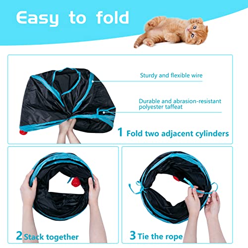 Sheldamy Cat Tunnel, 2-Way Collapsible Play Tunnel, Interactive Toy Maze for Small Animals, Suitable for Kittens, Puppies, Rabbits, Ferrets, Blue & Black - color: 2 Way Blue & Black