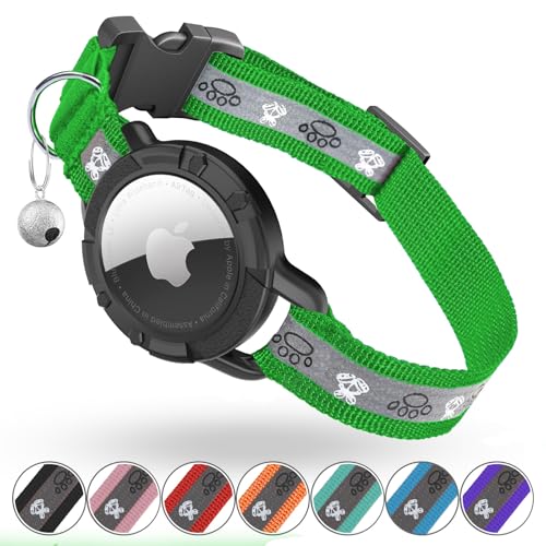Reflective AirTag Cat Collar, Integrated Cat Tracker Collar with Air Tag Holder and Bell, Safety Elastic Band Cat GPS Collars for Girl Boy Cats, Kittens and Puppies (Emerald,S) - color: Emerald, size: S(9"-13")