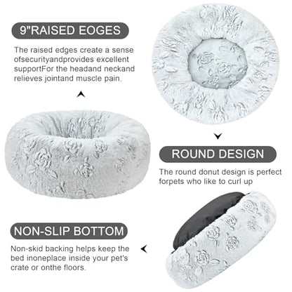 Dog Calming Beds for Small Medium Large Dogs - Round Donut Washable Puppy Dog Bed, Anti-Slip Faux Fur Fluffy Donut Cuddle Anxiety Cat Pet Bed (28" Rose) - color: Rose, size: 28"L x 28"W x 8"Th