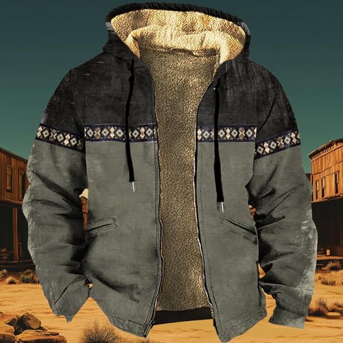 domirica Fleece Jacket Men Western Cowboy Bull Graphic Full Zip Drawstring Casual Stylish Big And Tall Hooded Jacket - color: Aztec-bravo, size: Large