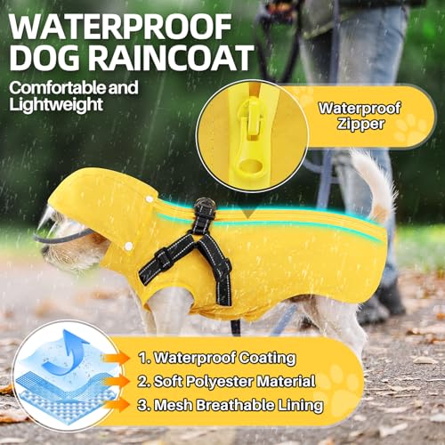 Lukovee Dog Raincoat - Waterproof Rain Jacket with Harness & Removable Hood, Reflective Double Layer Dog Rain Coat Poncho for Small Medium Large Dogs Puppy (XS, Yellow) - size: X-Small
