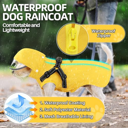 Lukovee Dog Raincoat - Waterproof Rain Jacket with Harness & Removable Hood, Reflective Double Layer Dog Rain Coat Poncho for Small Medium Large Dogs Puppy (M, Y) - size: Medium