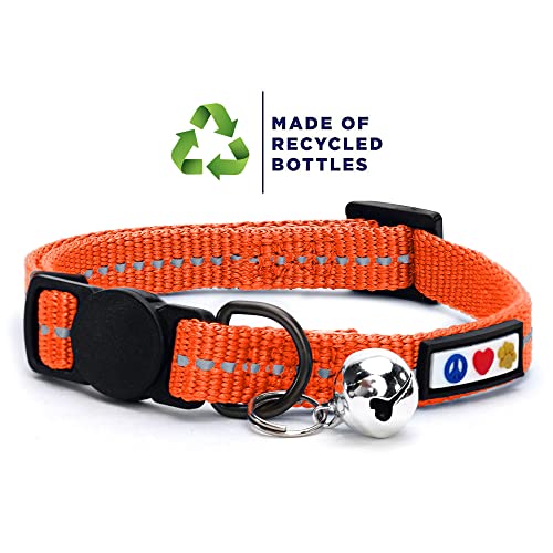 Pawtitas Recycled Orange Reflective Cat Collar – Eco-Friendly Breakaway Safety Buckle, Adjustable Kitten & Adult Collar with Removable Bell and High-Visibility Strap - color: Recycled Orange