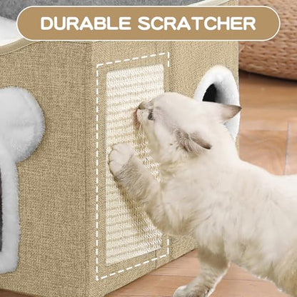 Cat House for Indoor Cats, Large Cat Bed Cave with Scratch Pad and Fluffy Ball, Foldable Cat Hideaway Condo, Kitten Bed, 16x16x13inch (Khaki, Large) - color: Khaki