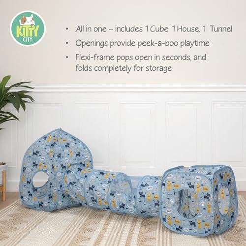 Kitty City Blue Cat-Themed Cat Play Furniture Set, Collapsible Pop-Up Cat Toys Combo with Cube, Tunnel & House, Indoor Cat Playground for Play, Hiding & Lounging - color: G) Cat Print Play Combo (Blue)