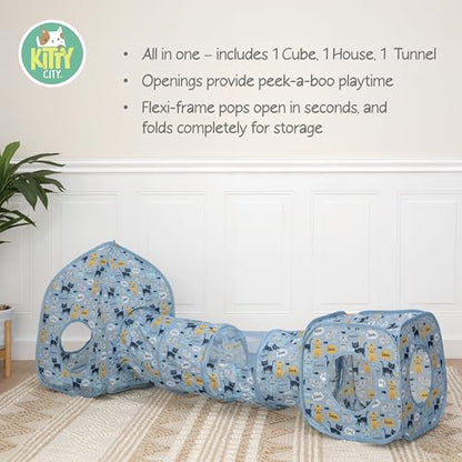 Kitty City Blue Cat-Themed Cat Play Furniture Set, Collapsible Pop-Up Cat Toys Combo with Cube, Tunnel & House, Indoor Cat Playground for Play, Hiding & Lounging - color: G) Cat Print Play Combo (Blue)
