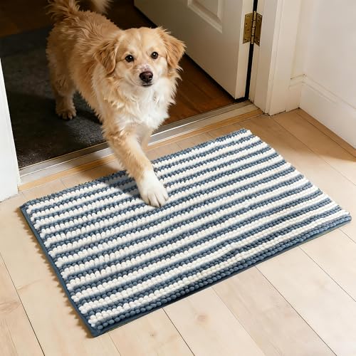 Dog Door Mat for Muddy Paws - Absorbent Quick-Dry Non-Slip Washable Chenille Pet Rug, Indoor Entryway Mat for Front Door & Crate (Blue, 34" L*23" W) - color: Blue, size: 34"L*23"W