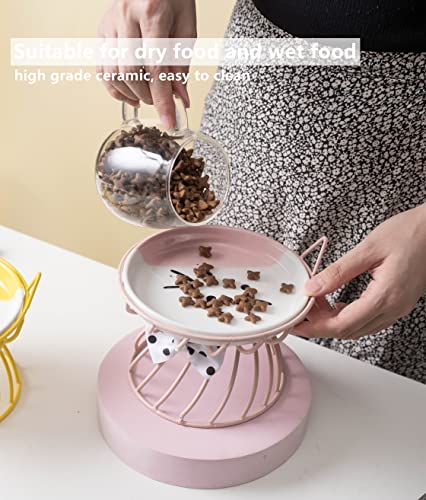 Raised Pet Food and Water Bowl, Cat and Small Dog Bowl, Tilted Ceramic Cat Water Bowl No Spill,15oz, Dishwasher Safe - color: Pink