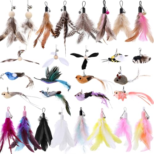 Leitee 30 Pcs Cat Toy Refills Cat Feather Wand Replacement Simulation Bird Insect Mice Toys for Interactive Indoor Outdoor Kitten
