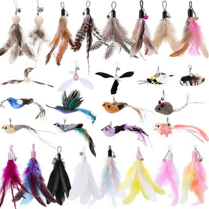 Leitee 30 Pcs Cat Toy Refills Cat Feather Wand Replacement Simulation Bird Insect Mice Toys for Interactive Indoor Outdoor Kitten