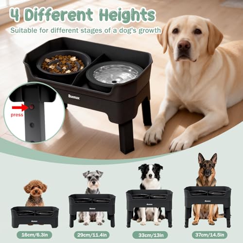 4 in 1 Adjustable Elevated Dog Bowls with 2*Stainless Steel Bowls, Anti-Spill Water Bowl, 4 Heights Raised Dog Bowl Stand for Small to Medium & Growing Large Puppies, Anti-Slip, Mess Proof Design - color: Black
