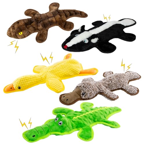 No Stuffing Dog Squeak Toys, 5 Pack Chew Toys with Crinkle to Keep Them Busy, Plush Puppy Teething Toys for Indoor & Outdoor Play, Best Birthday Gift for Large Breed - color: Black, dark brown, green, yellow, coffee