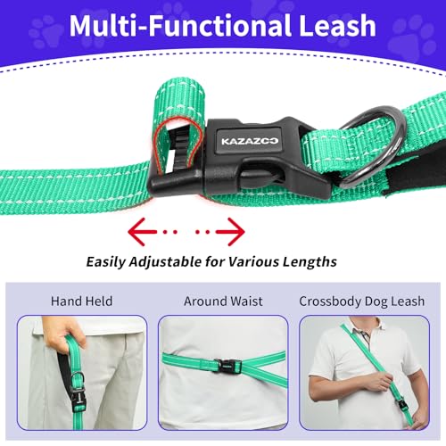 Hands Free Dog Leash by Kazazoo, Adjustable 6-9 FT Waist & Crossbody Leash with Quick Off Buckle, Reflective Stitches for Walking, Jogging,Medium to Large Dogs & Puppies Green-L - color: Green, size: L