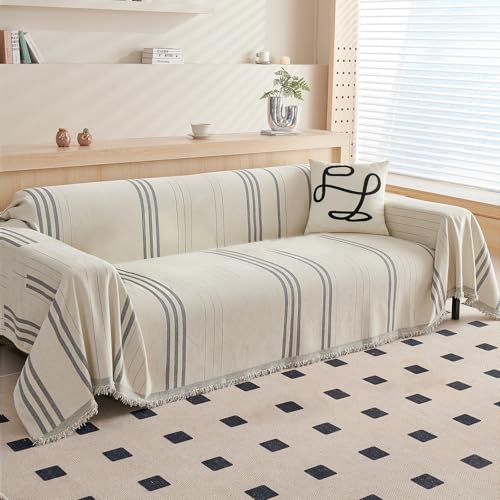 Couch Cover Washable Chenille Sofa Protector for Pet Kids Beige Grey Loveseat Couch Covers for 2 Cushion Couch Stripe Jacquard Versatile Sofa Throw Slipcover for Futon Couch, 71"x102" - color: A0# Beige/Light Grey - Striped, size: XX-Medium 71" x 102"
