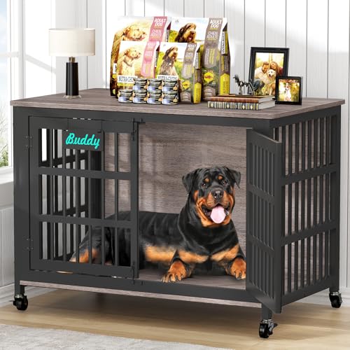 EasyCom 48"/42"/33" XXL Dog Crate Furniture with Casters, Heavy Duty Dog Kennel Indoor for Large Dogs, Escape-Proof and Chew-Proof Dog Cage for high Anxiety Dog, Decorate House as TV Stand, End Table - color: Grey, size: 46.1"L x 28.7"W x 31.9"H