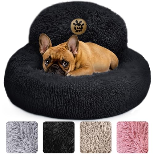 PetJett Calming Dog Bed for Small Dogs – 23" Donut Dog Beds, Anti-Slip & Washable Fluffy Plush Faux Fur Pet Bed, Anti-Anxiety Premium Comfort Round Puppy Bed, Fits Dogs up to 25 lbs – Black - color: Black, size: Small - 23”L x 23”W x 8”Th