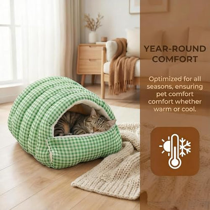 Small Cat Dog Cave Bed Calming Pet Nest Warm Plush Covered Cat House with Hooded Blanket Removable Hooded Blanket Cushion Washable Soft Calming Indoor Cat Bed (Green, Medium) - color: Green, size: Medium