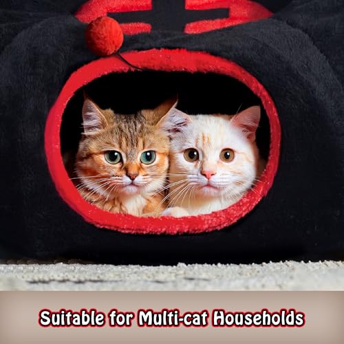 Gothic Cat Bed, Coffin Cat Tunnel House with Washable Cushion, Fits Indoor Cats up to 25 lbs, Cute Peekaboo Cave Pet Bed for Kittens, Rabbits, Halloween Goth Design, Black Red - color: Black Red