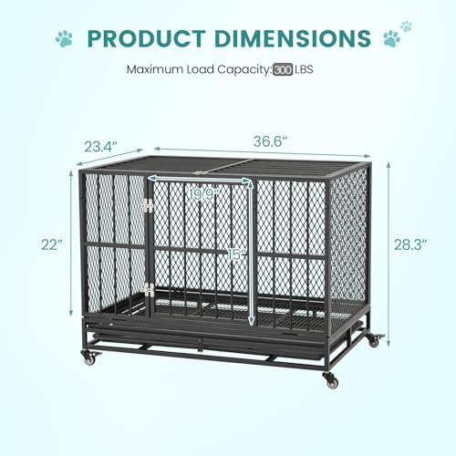 37 Inch Heavy Duty Dog Crate, Folding Dog Kennel for Medium/Small Dogs, Metal Dog Cage with Lockable Wheels, Dual Locks, Removable Tray, Easy Assembly - size: 36.6"L x 23.4"W x 28.3"H
