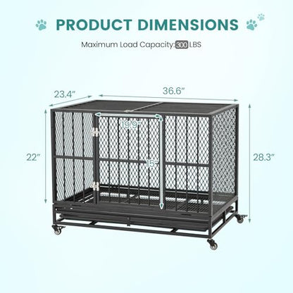 37 Inch Heavy Duty Dog Crate, Folding Dog Kennel for Medium/Small Dogs, Metal Dog Cage with Lockable Wheels, Dual Locks, Removable Tray, Easy Assembly - size: 36.6"L x 23.4"W x 28.3"H