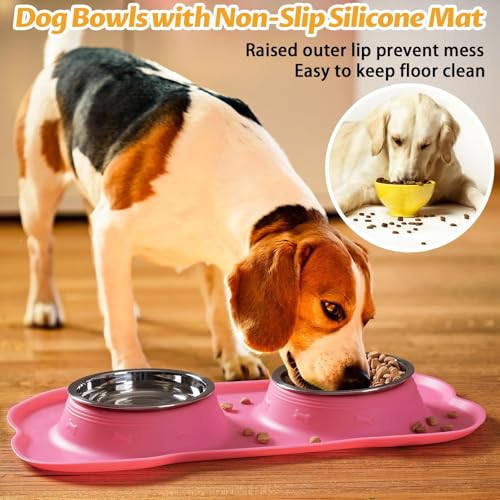 Pet Dog Bowls 2 Stainless Steel Dog Bowl with No Spill Non-Skid Silicone Mat + Pet Food Scoop Water and Food Feeder Bowls for Feeding Small Medium Large Dogs Cats Puppies (Pink, Small) - color: pink, size: Small
