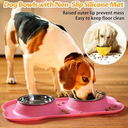 Pet Dog Bowls 2 Stainless Steel Dog Bowl with No Spill Non-Skid Silicone Mat + Pet Food Scoop Water and Food Feeder Bowls for Feeding Small Medium Large Dogs Cats Puppies (Pink, Extra Large) - color: pink, size: Extra Large
