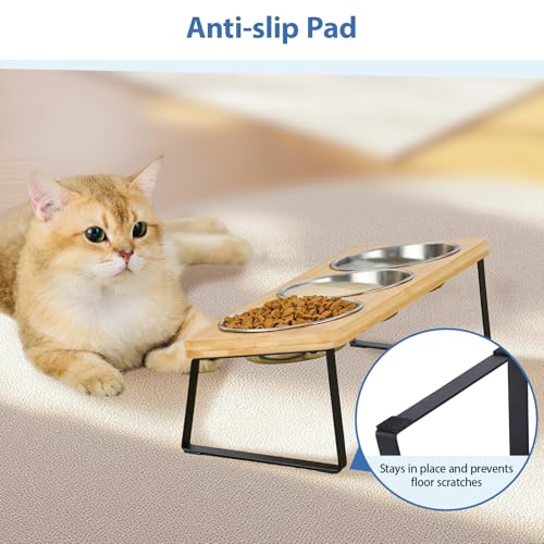 Hannadepot Elevated Cat Bowls, 15° Tilted Raised Cat Food and Water Bowl, Anti-Vomit & Whisker-Friendly Design, 3 Stainless Steel Bowls for Cats and Small Dogs