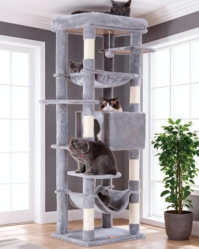 Heybly Cat Tree for Large Cats 20 lbs Heavy Duty,69 inches XXL Cat Tower for Indoor Cats,Multi-Level Furniture Condo with Big Padded Plush Perch,Cozy Basket HCT031W - color: Light Gray, size: 69 inch
